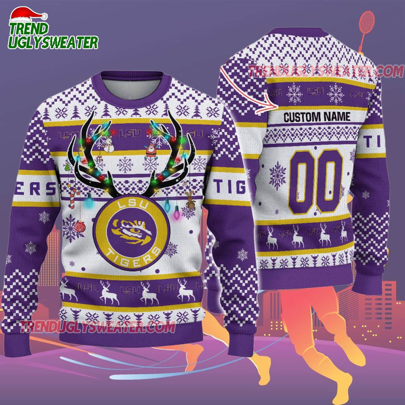 Custom Lsu Tigers Special Reindeer Light Ugly Christmas Sweater Custom Lsu Tigers Special Reindeer Light Ugly Christmas Sweater