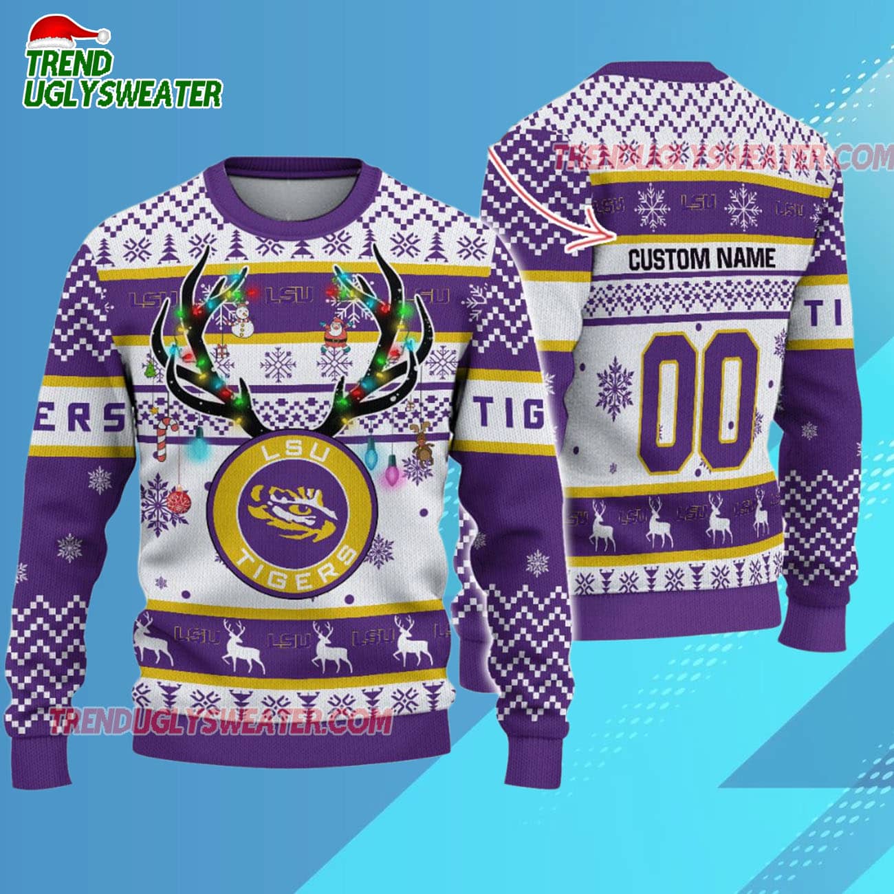 Custom Lsu Tigers Special Reindeer Light Ugly Christmas Sweater Custom Lsu Tigers Special Reindeer Light Ugly Christmas Sweater