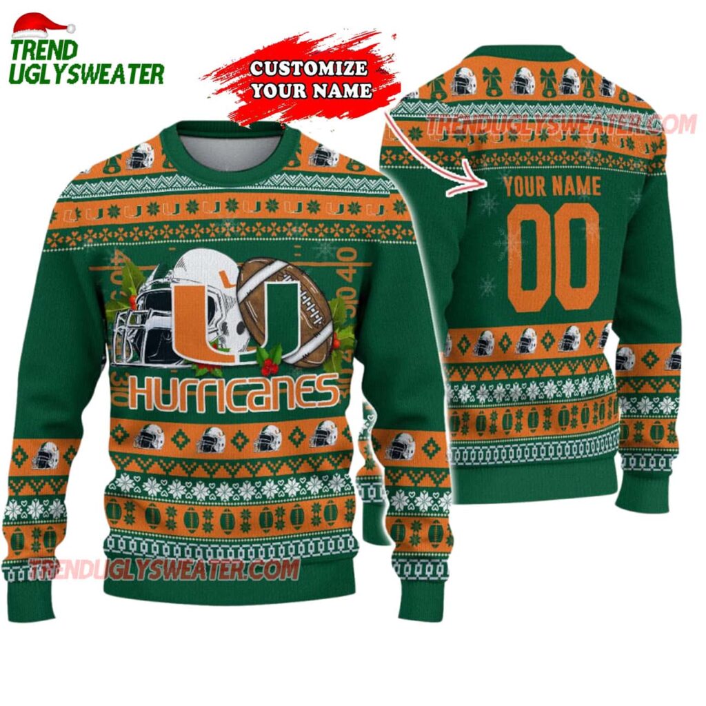 Custom Miami Hurricanes Logo Team Football Christmas Ugly Sweater 1