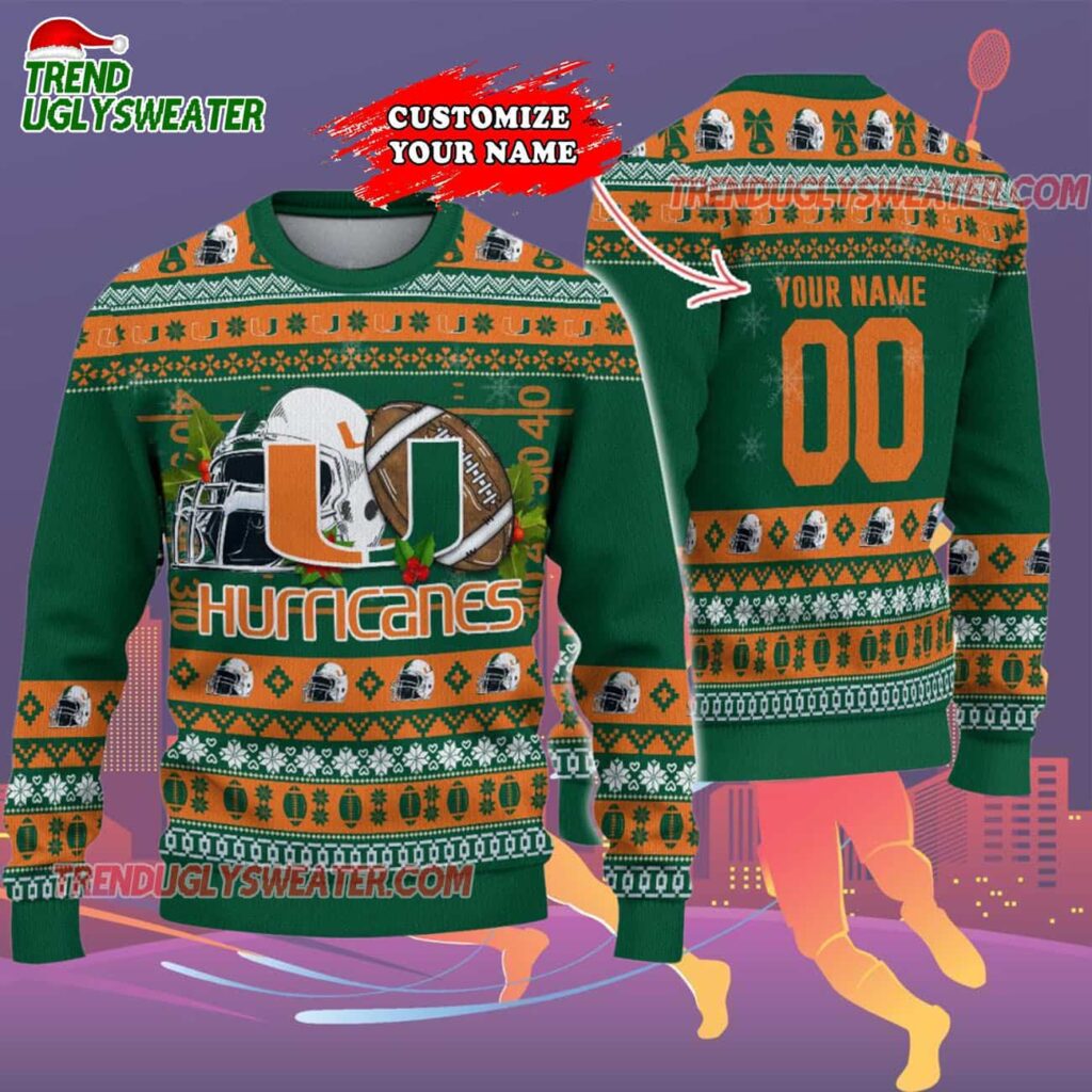 Custom Miami Hurricanes Logo Team Football Christmas Ugly Sweater 2