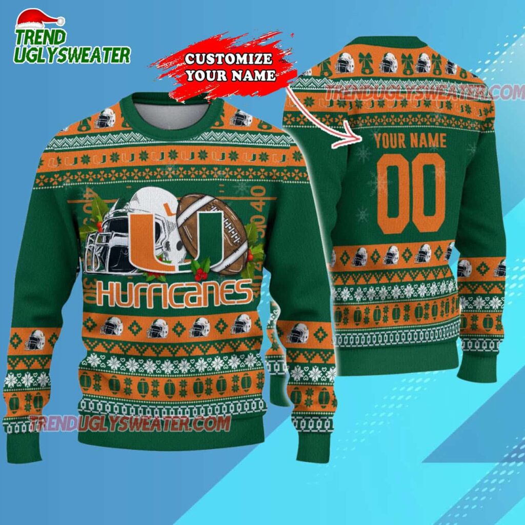 Custom Miami Hurricanes Logo Team Football Christmas Ugly Sweater 3