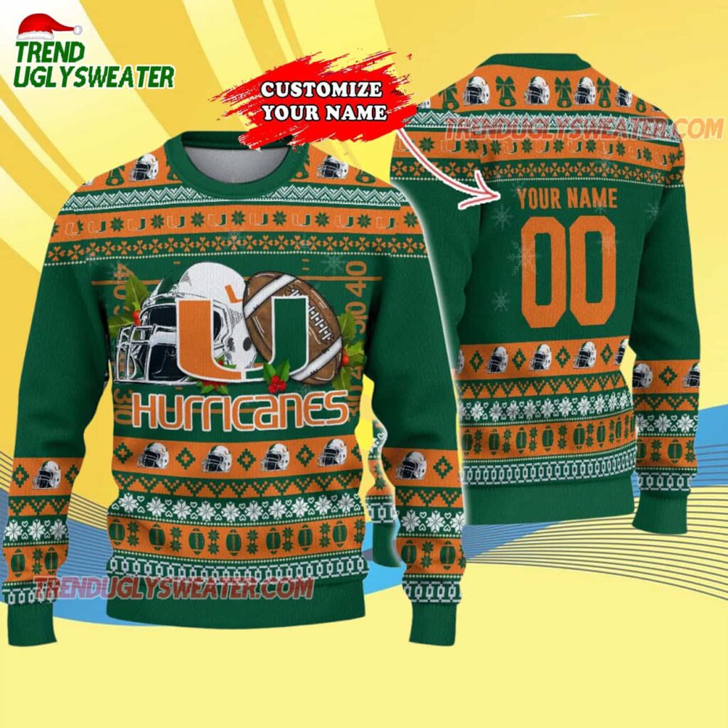 Custom Miami Hurricanes Logo Team Football Christmas Ugly Sweater 4