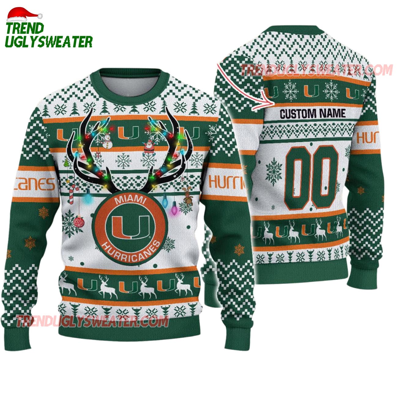 Custom Miami Hurricanes Special Reindeer Light Ugly Christmas Sweater Custom Miami Hurricanes Special Reindeer Light Ugly Christmas Sweater