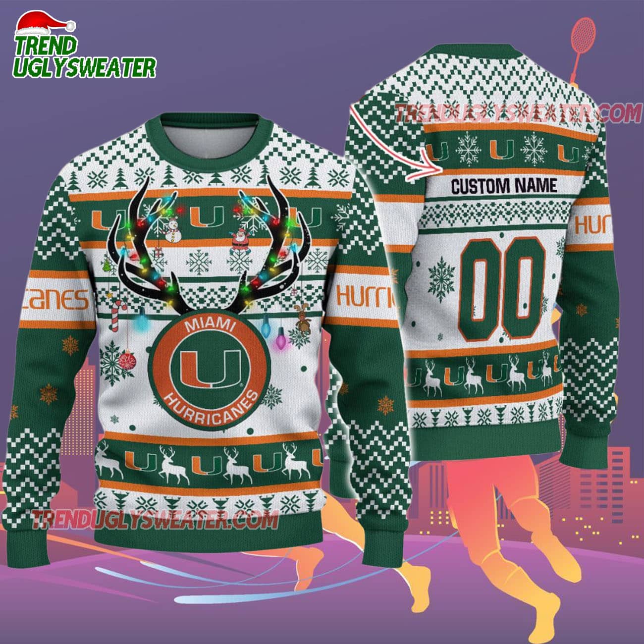 Custom Miami Hurricanes Special Reindeer Light Ugly Christmas Sweater Custom Miami Hurricanes Special Reindeer Light Ugly Christmas Sweater