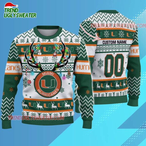 Custom Miami Hurricanes Special Reindeer Light Ugly Christmas Sweater 3