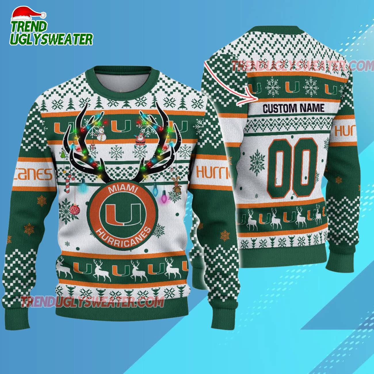 Custom Miami Hurricanes Special Reindeer Light Ugly Christmas Sweater Custom Miami Hurricanes Special Reindeer Light Ugly Christmas Sweater