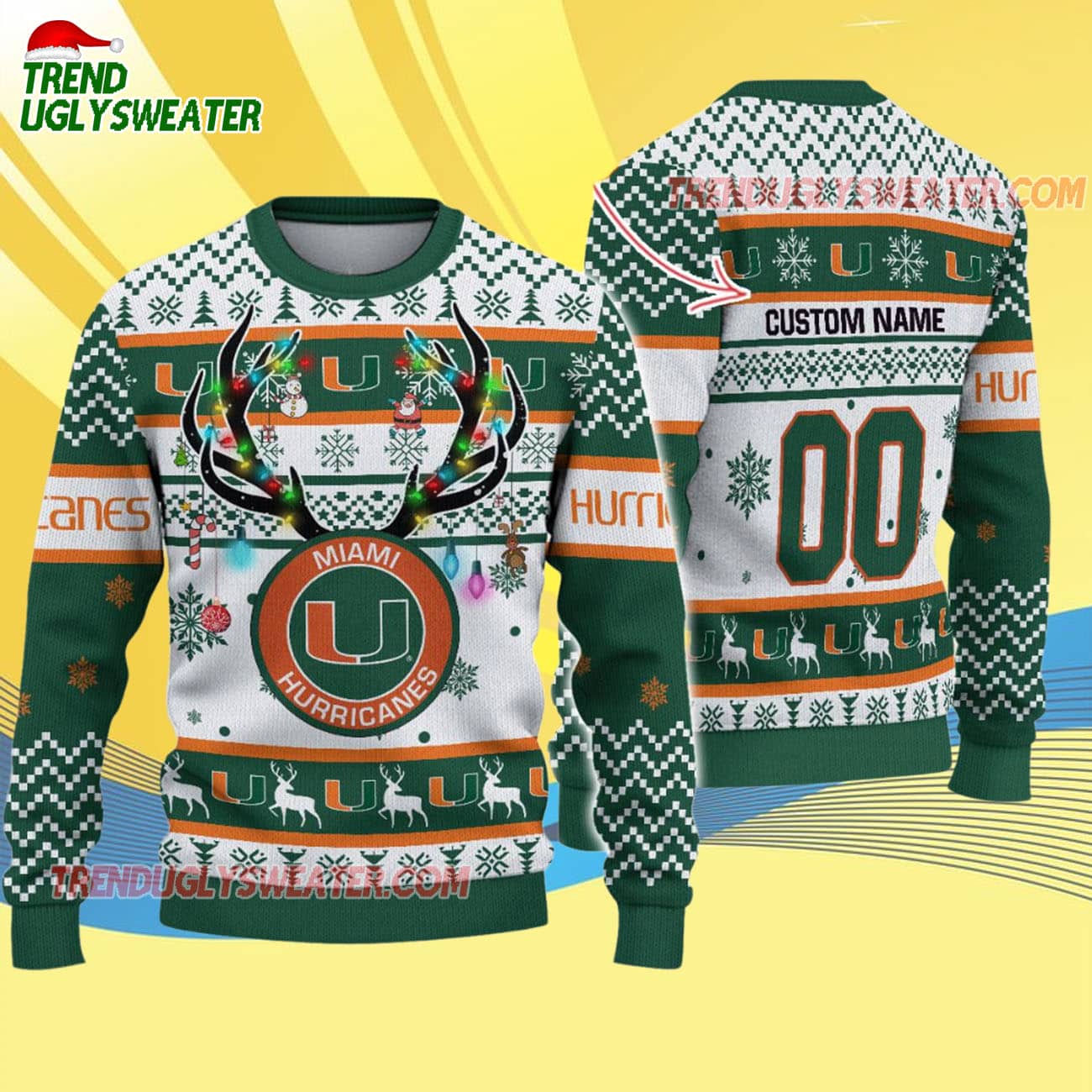 Custom Miami Hurricanes Special Reindeer Light Ugly Christmas Sweater Custom Miami Hurricanes Special Reindeer Light Ugly Christmas Sweater