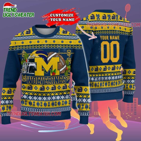 Custom Michigan Wolverines Logo Team Football Christmas Ugly Sweater 2