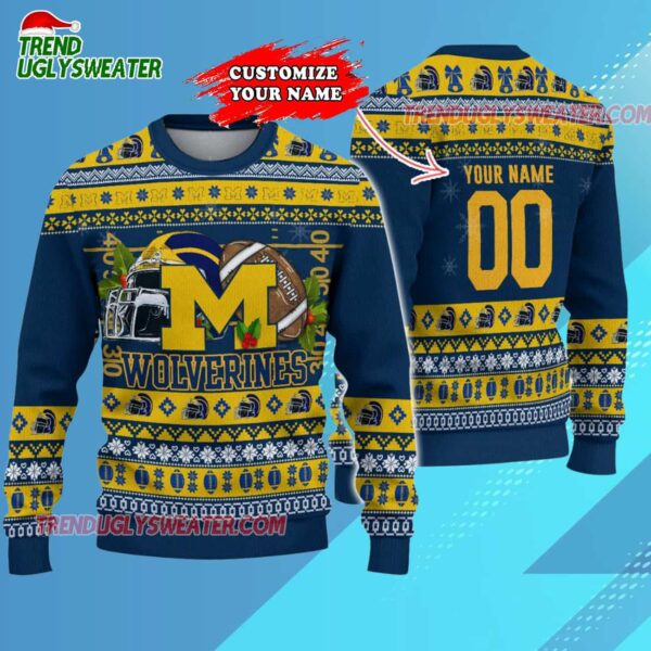 Custom Michigan Wolverines Logo Team Football Christmas Ugly Sweater 3