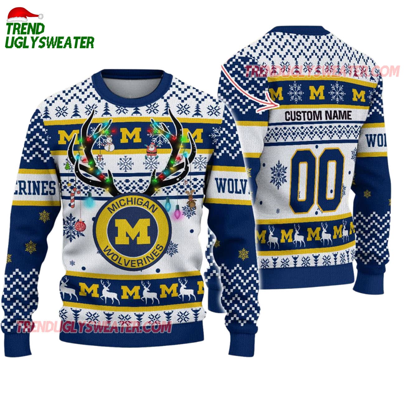 Custom Michigan Wolverines Special Reindeer Light Ugly Christmas Sweater Custom Michigan Wolverines Special Reindeer Light Ugly Christmas Sweater