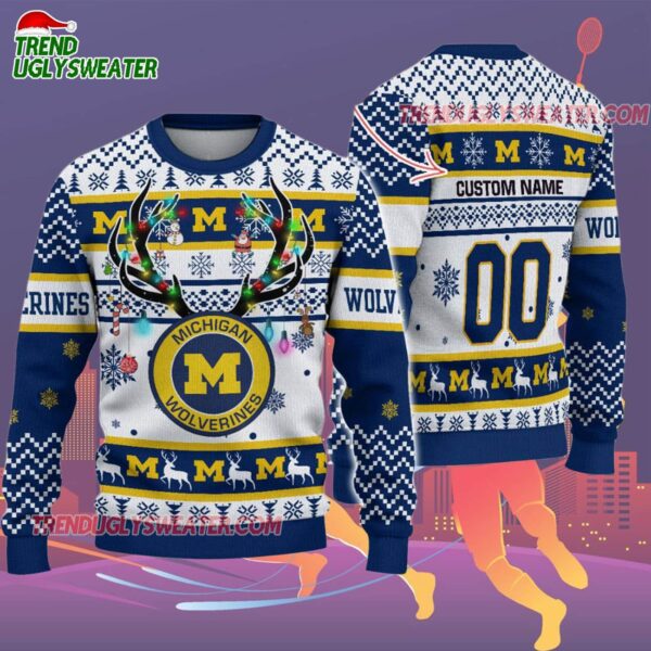 Custom Michigan Wolverines Special Reindeer Light Ugly Christmas Sweater 2