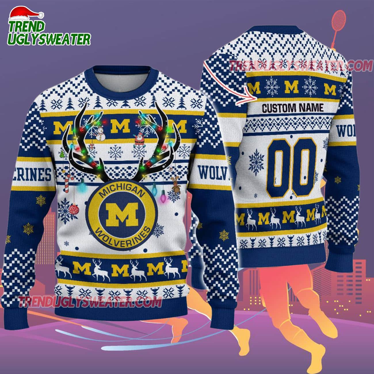 Custom Michigan Wolverines Special Reindeer Light Ugly Christmas Sweater Custom Michigan Wolverines Special Reindeer Light Ugly Christmas Sweater