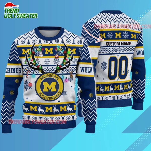 Custom Michigan Wolverines Special Reindeer Light Ugly Christmas Sweater 3