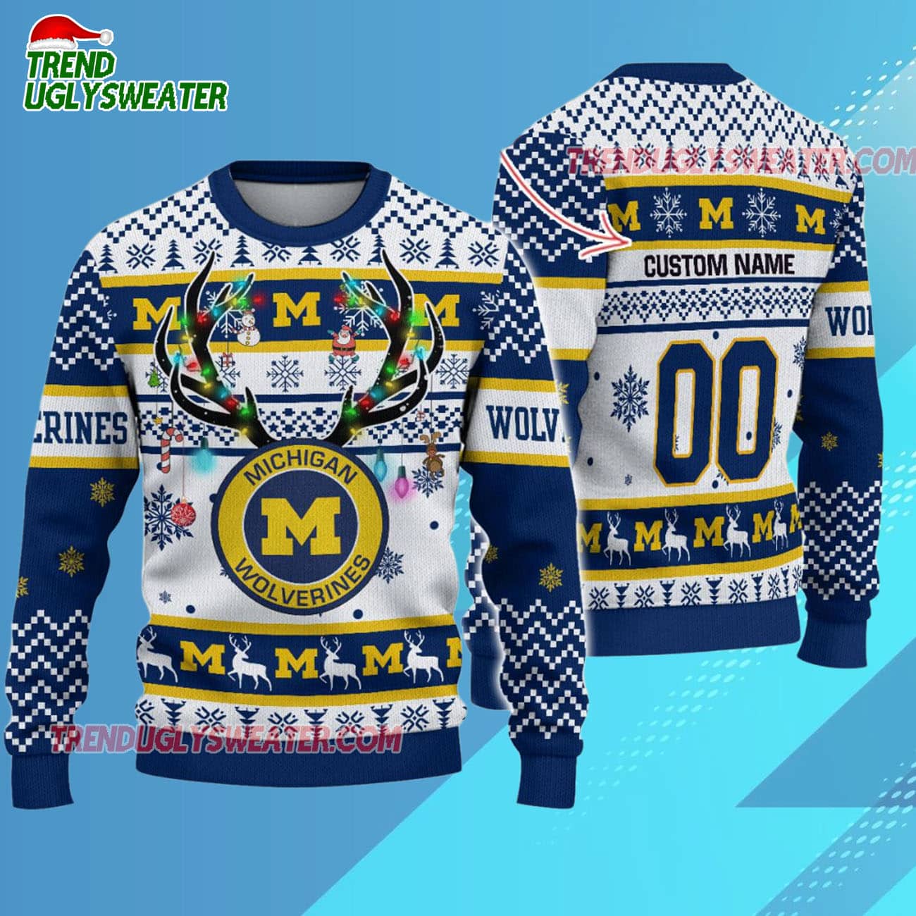 Custom Michigan Wolverines Special Reindeer Light Ugly Christmas Sweater Custom Michigan Wolverines Special Reindeer Light Ugly Christmas Sweater