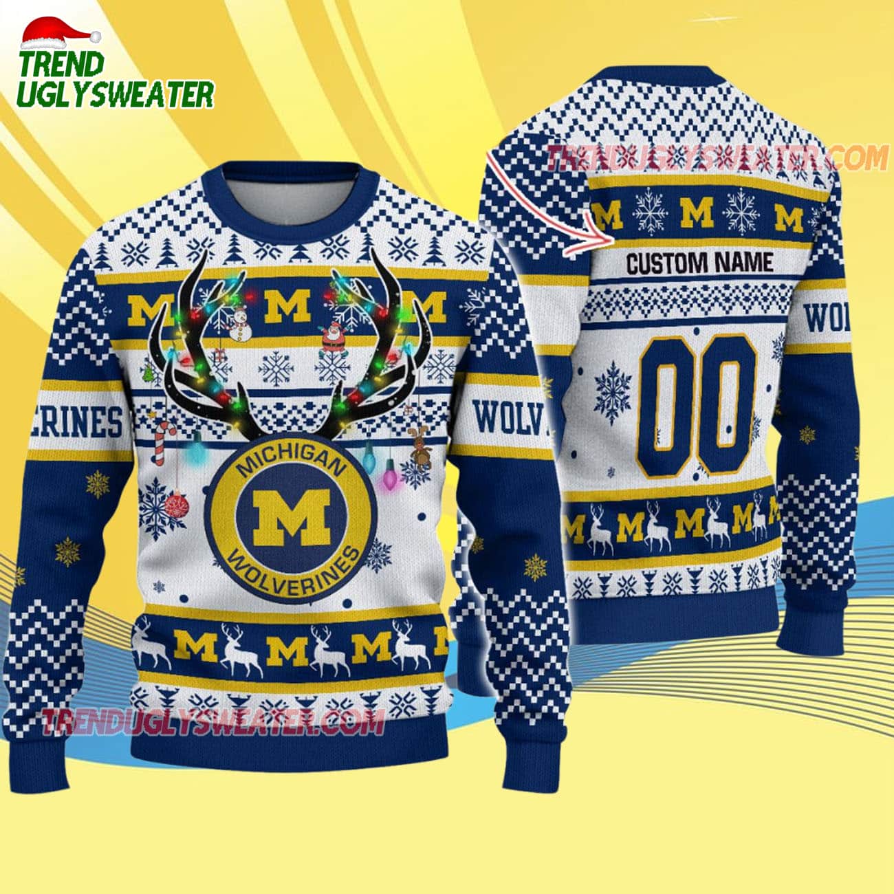 Custom Michigan Wolverines Special Reindeer Light Ugly Christmas Sweater Custom Michigan Wolverines Special Reindeer Light Ugly Christmas Sweater