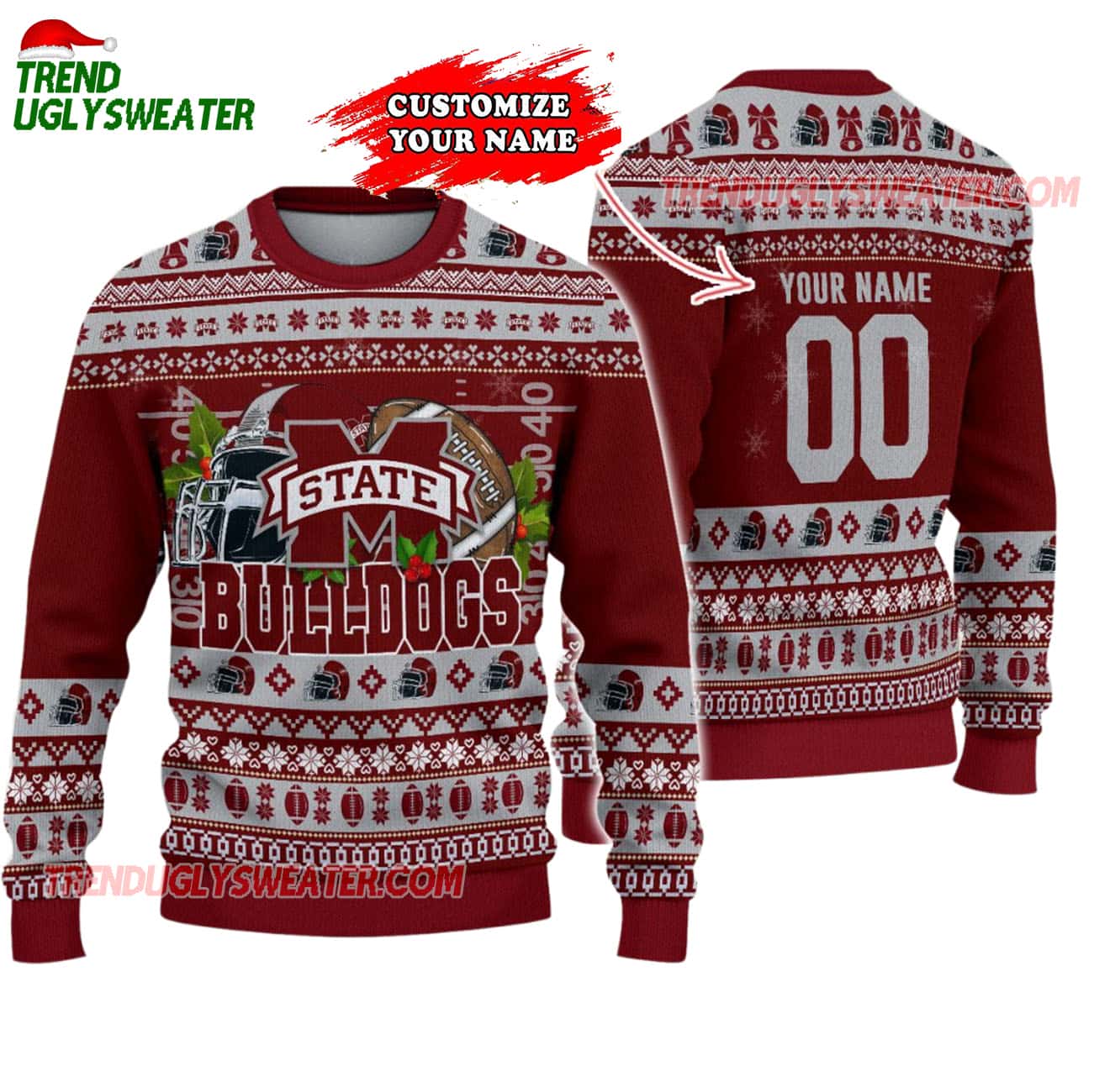 Custom Mississippi State Bulldogs Logo Team Football Christmas Ugly Sweater Custom Mississippi State Bulldogs Logo Team Football Christmas Ugly Sweater