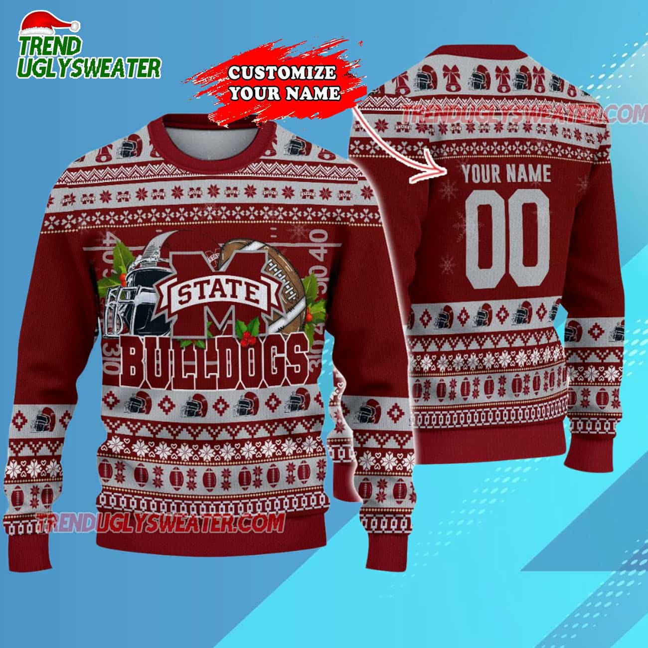 Custom Mississippi State Bulldogs Logo Team Football Christmas Ugly Sweater Custom Mississippi State Bulldogs Logo Team Football Christmas Ugly Sweater