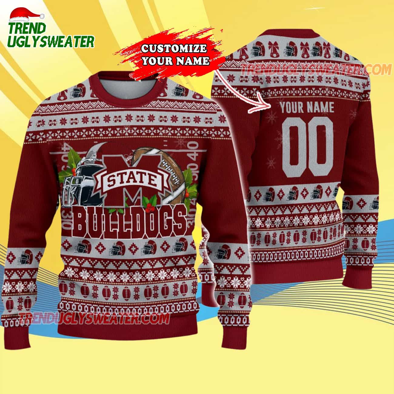 Custom Mississippi State Bulldogs Logo Team Football Christmas Ugly Sweater Custom Mississippi State Bulldogs Logo Team Football Christmas Ugly Sweater