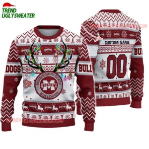 Custom Mississippi State Bulldogs Special Reindeer Light Ugly Christmas Sweater 1