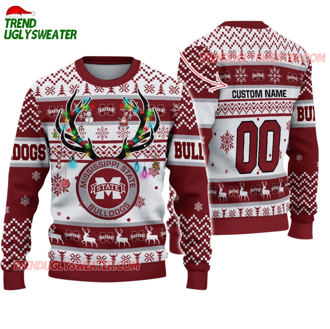 Custom Mississippi State Bulldogs Special Reindeer Light Ugly Christmas Sweater Custom Mississippi State Bulldogs Special Reindeer Light Ugly Christmas Sweater