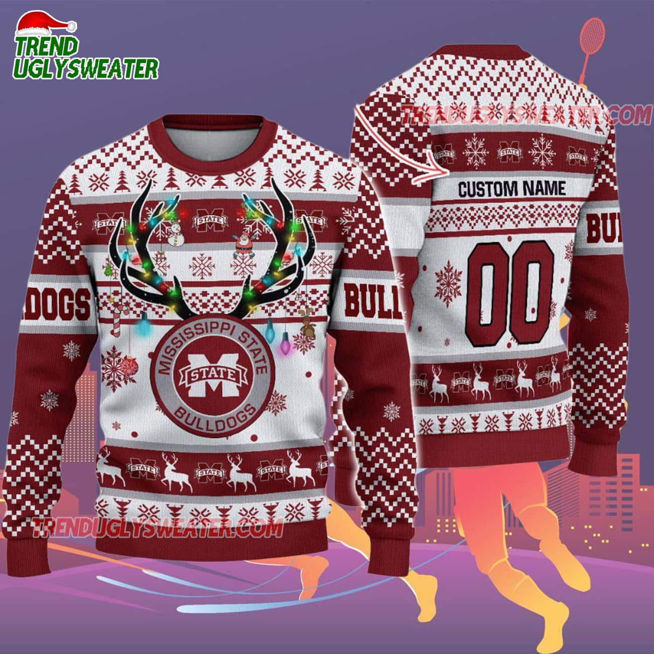 Custom Mississippi State Bulldogs Special Reindeer Light Ugly Christmas Sweater Custom Mississippi State Bulldogs Special Reindeer Light Ugly Christmas Sweater