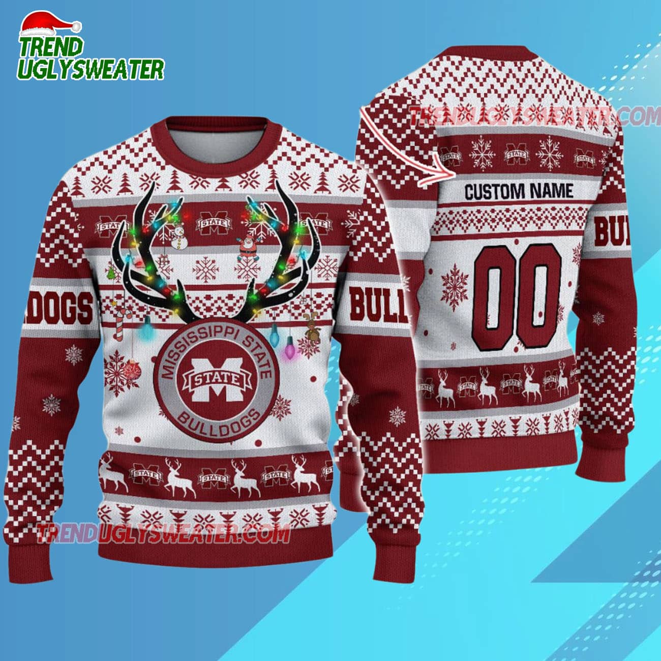 Custom Mississippi State Bulldogs Special Reindeer Light Ugly Christmas Sweater Custom Mississippi State Bulldogs Special Reindeer Light Ugly Christmas Sweater
