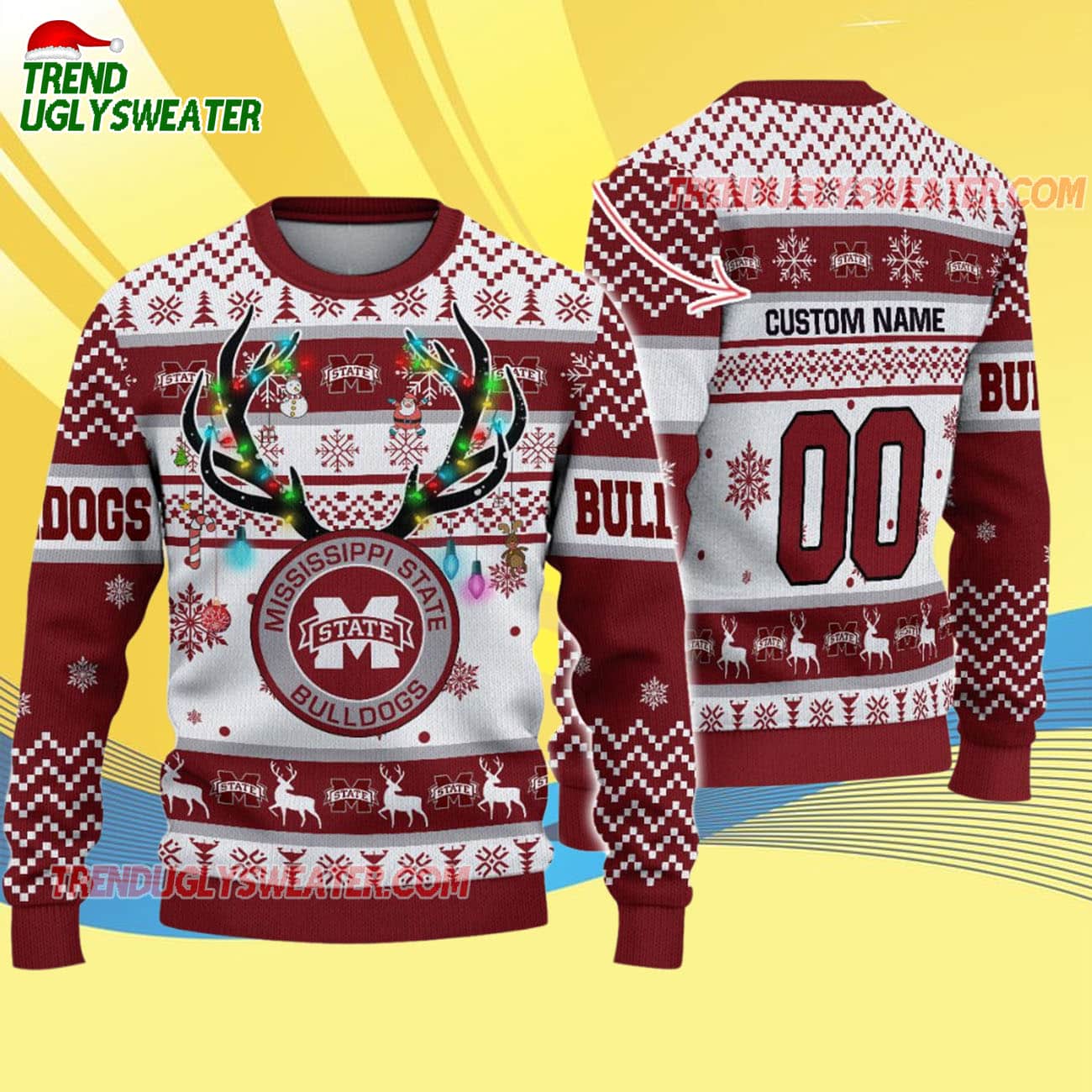 Custom Mississippi State Bulldogs Special Reindeer Light Ugly Christmas Sweater Custom Mississippi State Bulldogs Special Reindeer Light Ugly Christmas Sweater