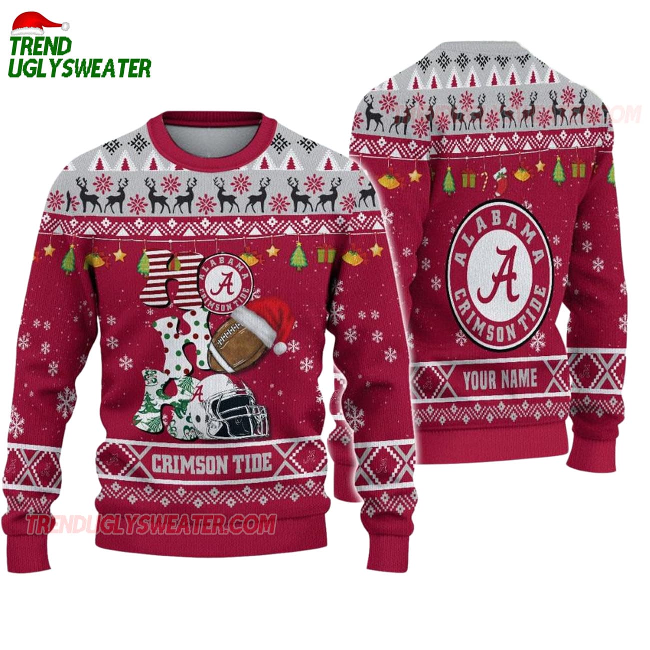 Custom Name Alabama Crimson Tide Football Ho Ho Ho Ugly Christmas Sweater Custom Name Alabama Crimson Tide Football Ho Ho Ho Ugly Christmas Sweater