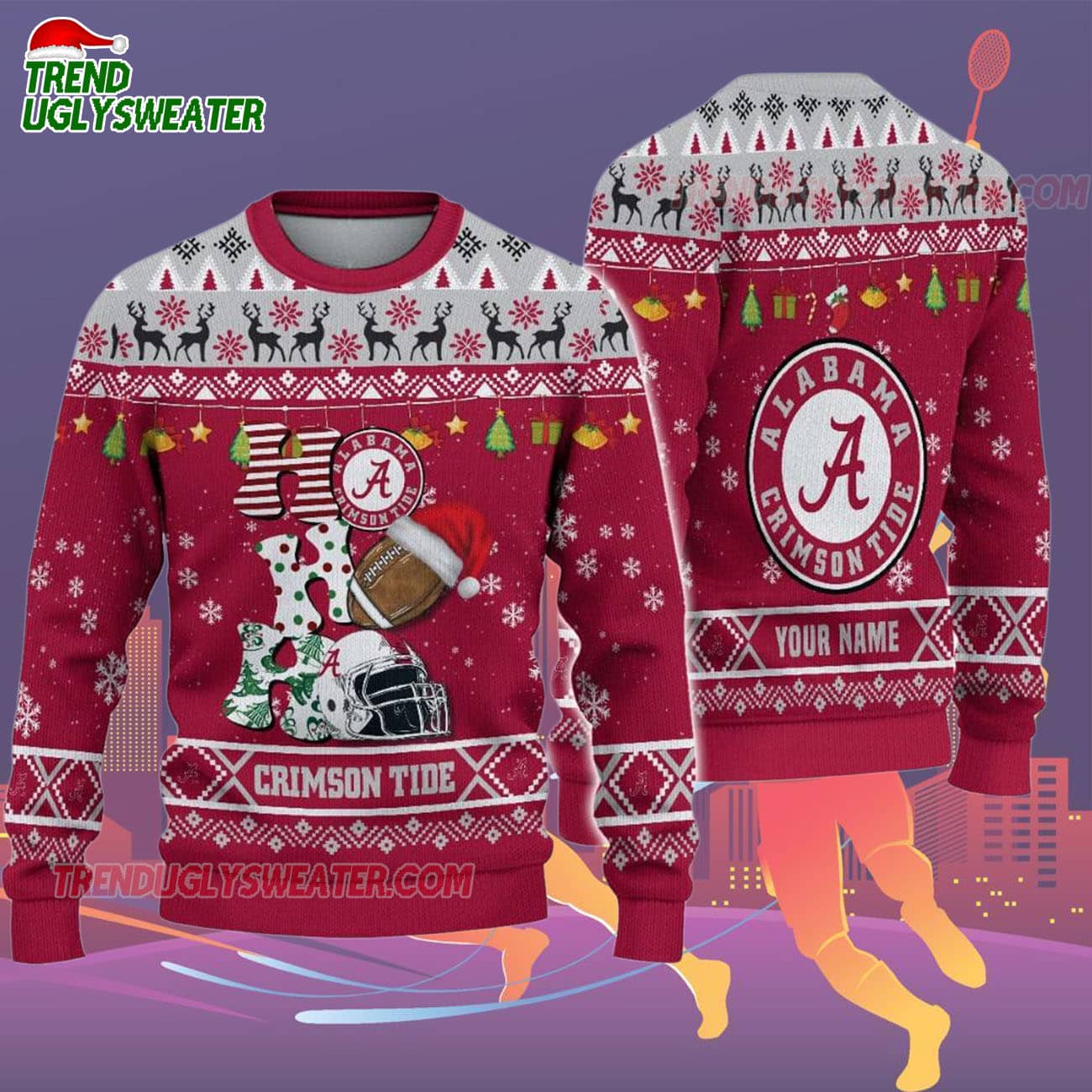 Custom Name Alabama Crimson Tide Football Ho Ho Ho Ugly Christmas Sweater Custom Name Alabama Crimson Tide Football Ho Ho Ho Ugly Christmas Sweater