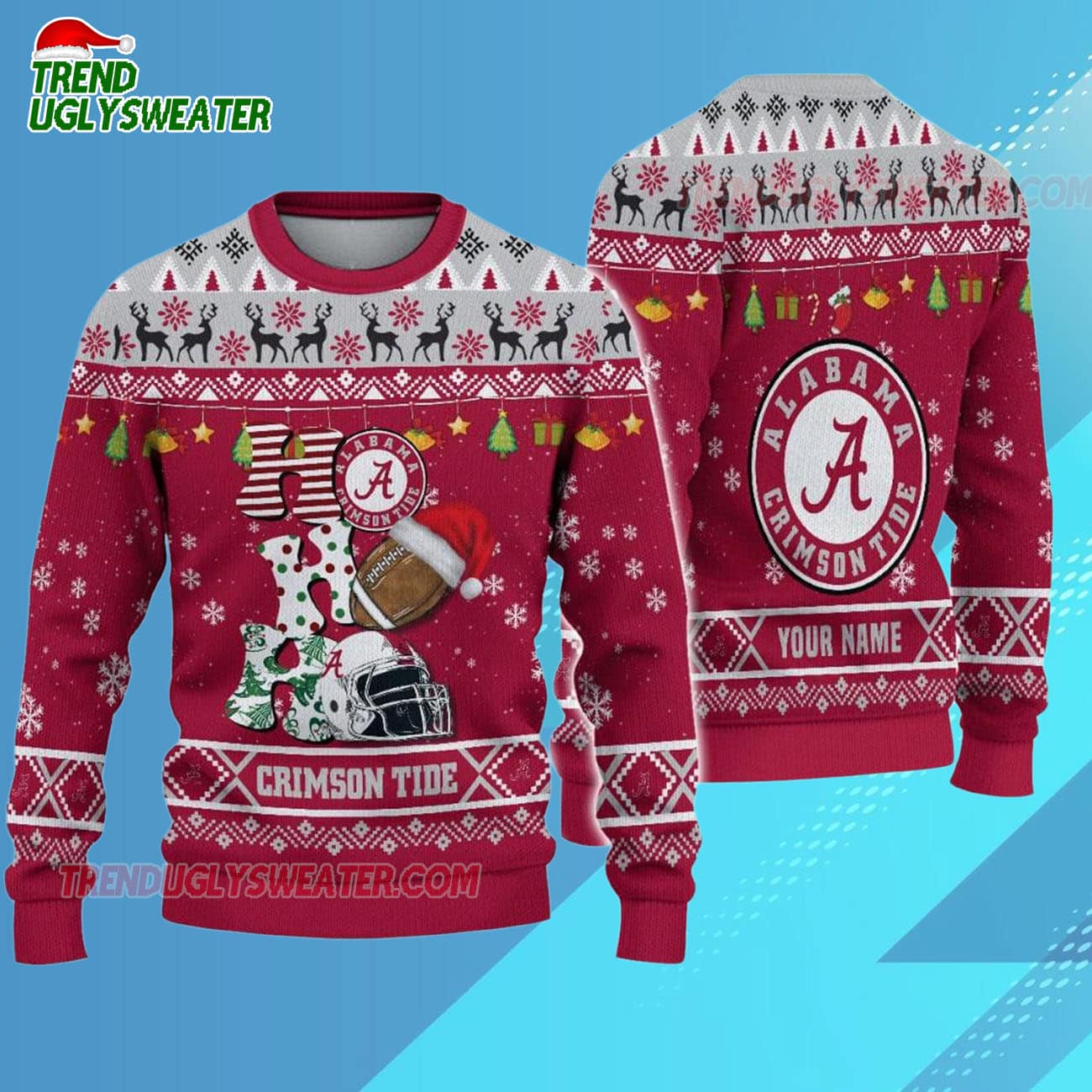 Custom Name Alabama Crimson Tide Football Ho Ho Ho Ugly Christmas Sweater Custom Name Alabama Crimson Tide Football Ho Ho Ho Ugly Christmas Sweater