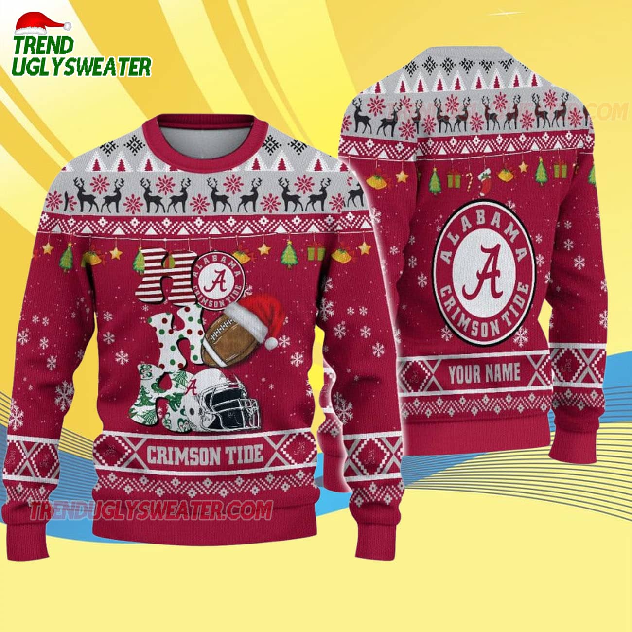 Custom Name Alabama Crimson Tide Football Ho Ho Ho Ugly Christmas Sweater Custom Name Alabama Crimson Tide Football Ho Ho Ho Ugly Christmas Sweater