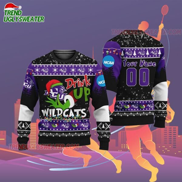 Custom Name And Number Abilene Christian Wildcats Grinch Drink Up Ugly Christmas Sweater 2