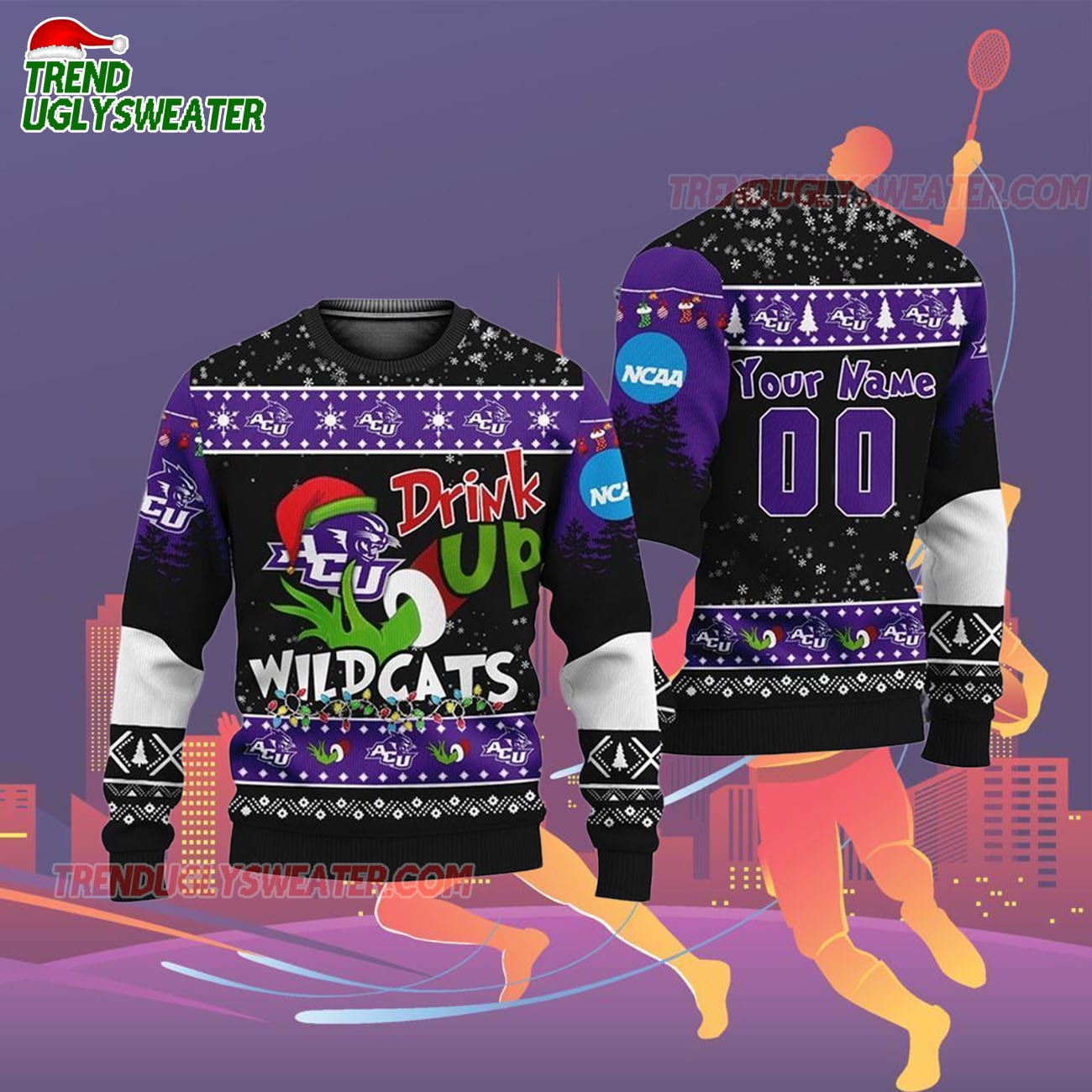 Custom Name And Number Abilene Christian Wildcats Grinch Drink Up Ugly Christmas Sweater Custom Name And Number Abilene Christian Wildcats Grinch Drink Up Ugly Christmas Sweater