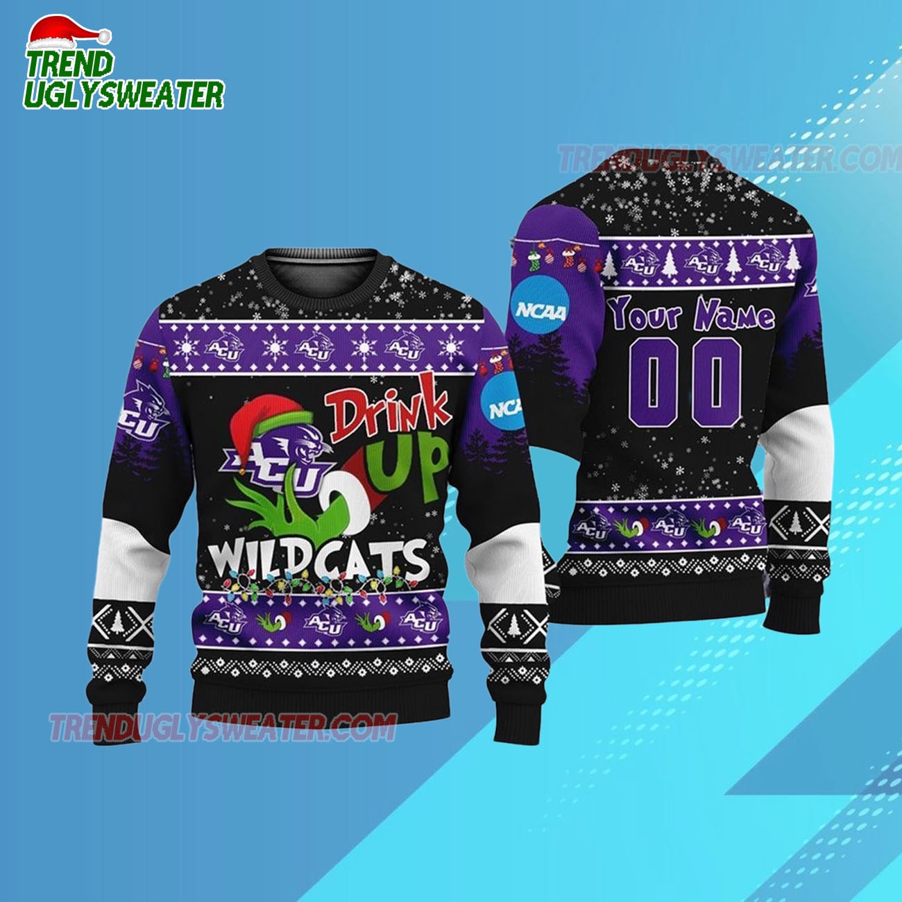 Custom Name And Number Abilene Christian Wildcats Grinch Drink Up Ugly Christmas Sweater Custom Name And Number Abilene Christian Wildcats Grinch Drink Up Ugly Christmas Sweater