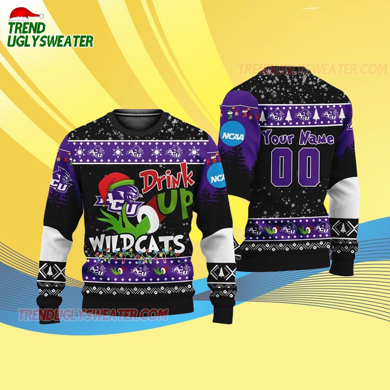 Custom Name And Number Abilene Christian Wildcats Grinch Drink Up Ugly Christmas Sweater Custom Name And Number Abilene Christian Wildcats Grinch Drink Up Ugly Christmas Sweater