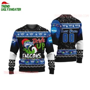 Custom Name And Number Air Force Falcons Grinch Drink Up Ugly Christmas Sweater 1