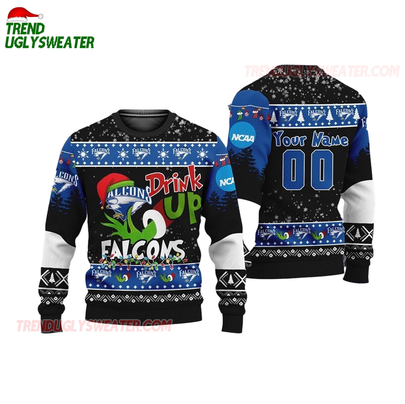 Custom Name And Number Air Force Falcons Grinch Drink Up Ugly Christmas Sweater Custom Name And Number Air Force Falcons Grinch Drink Up Ugly Christmas Sweater