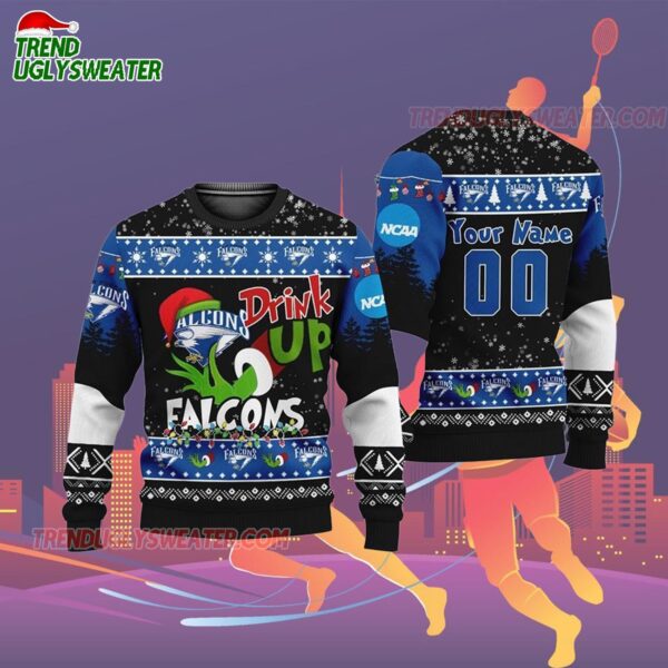 Custom Name And Number Air Force Falcons Grinch Drink Up Ugly Christmas Sweater 2