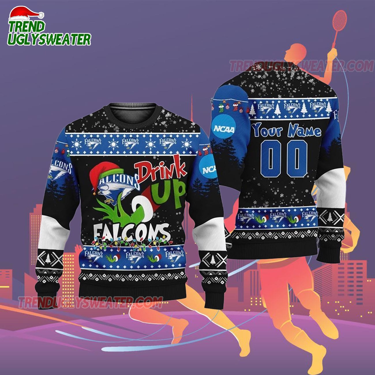 Custom Name And Number Air Force Falcons Grinch Drink Up Ugly Christmas Sweater Custom Name And Number Air Force Falcons Grinch Drink Up Ugly Christmas Sweater
