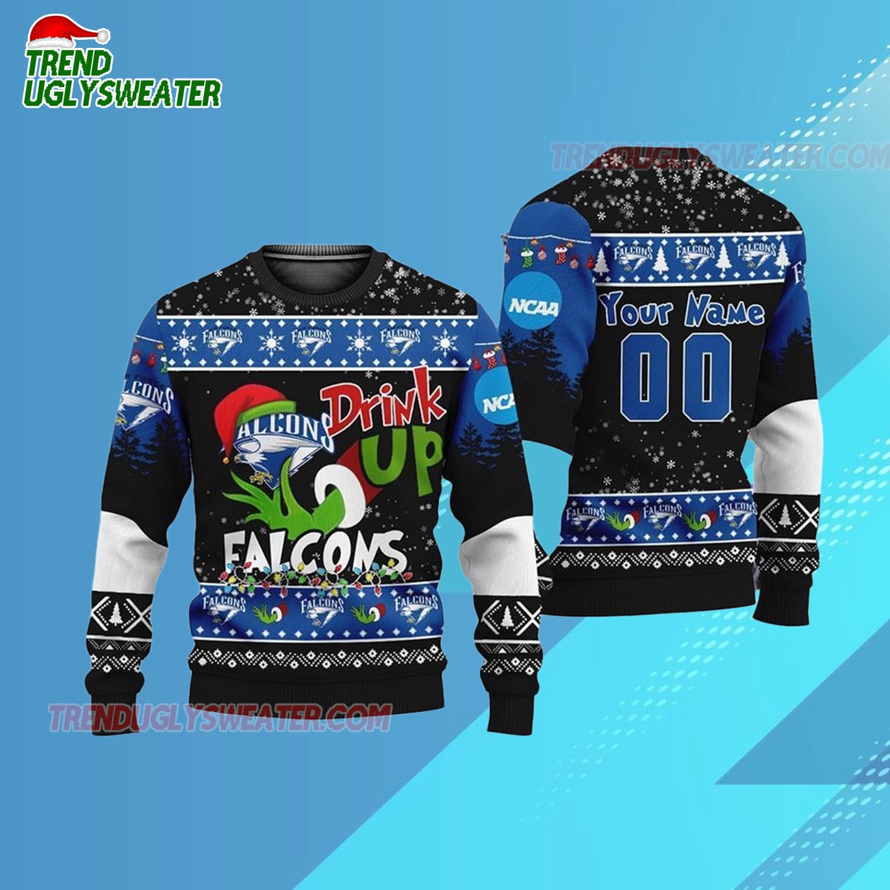 Custom Name And Number Air Force Falcons Grinch Drink Up Ugly Christmas Sweater Custom Name And Number Air Force Falcons Grinch Drink Up Ugly Christmas Sweater