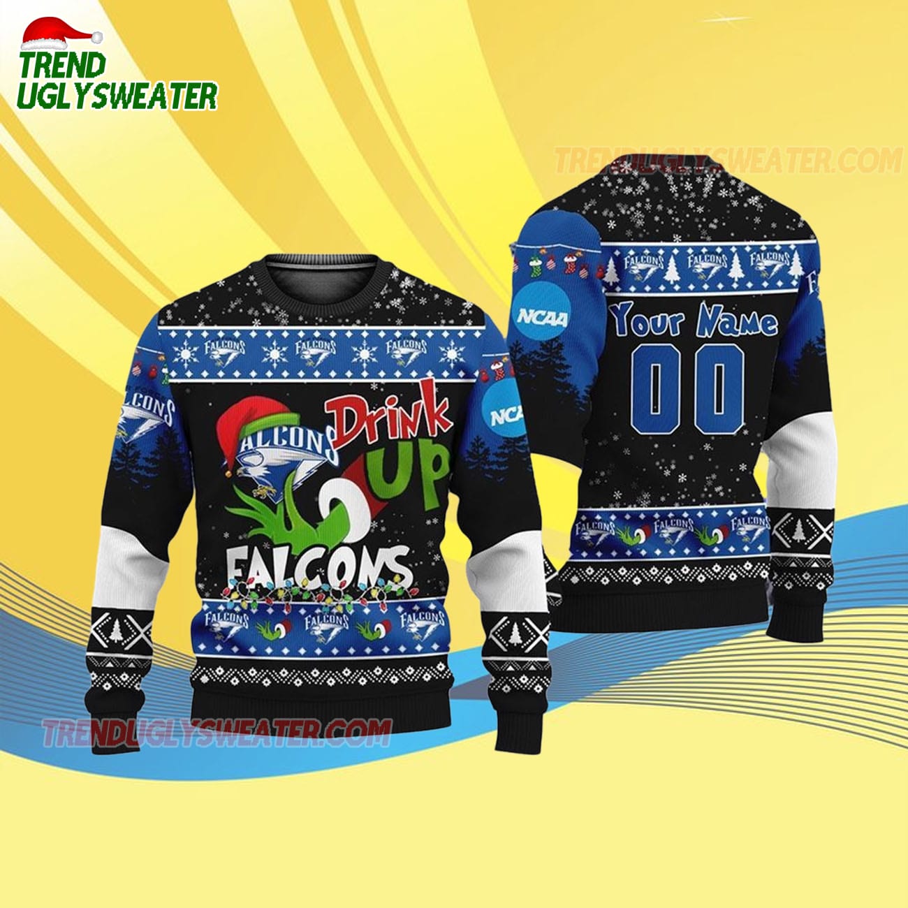 Custom Name And Number Air Force Falcons Grinch Drink Up Ugly Christmas Sweater Custom Name And Number Air Force Falcons Grinch Drink Up Ugly Christmas Sweater
