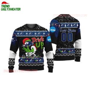 Custom Name And Number Akron Zips Grinch Drink Up Ugly Christmas Sweater 1