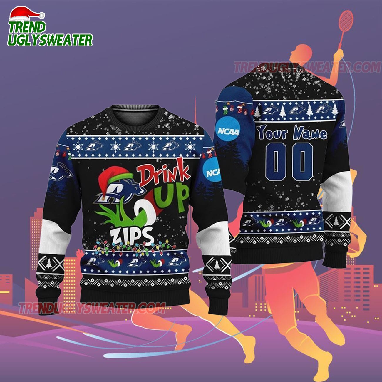 Custom Name And Number Akron Zips Grinch Drink Up Ugly Christmas Sweater Custom Name And Number Akron Zips Grinch Drink Up Ugly Christmas Sweater