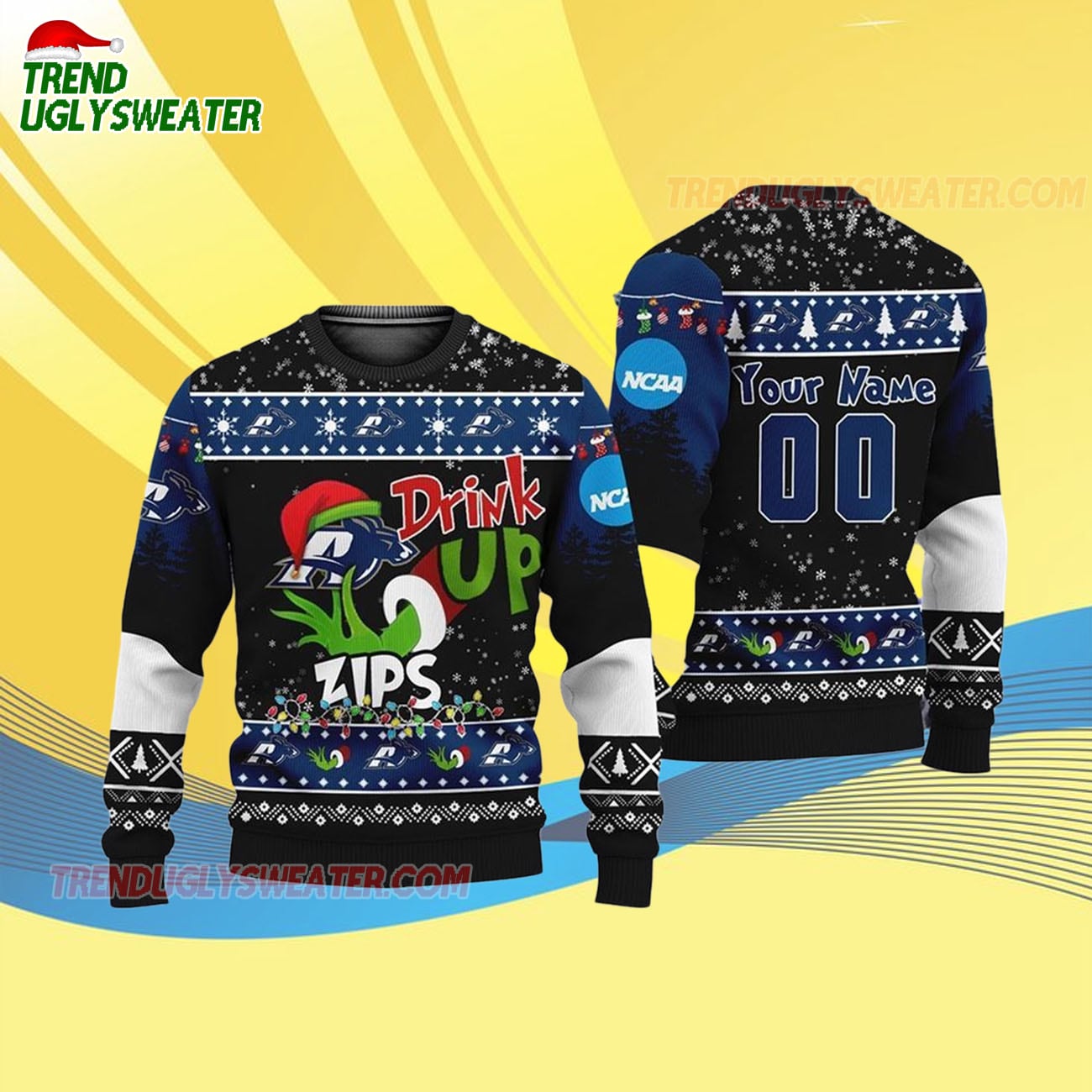 Custom Name And Number Akron Zips Grinch Drink Up Ugly Christmas Sweater Custom Name And Number Akron Zips Grinch Drink Up Ugly Christmas Sweater