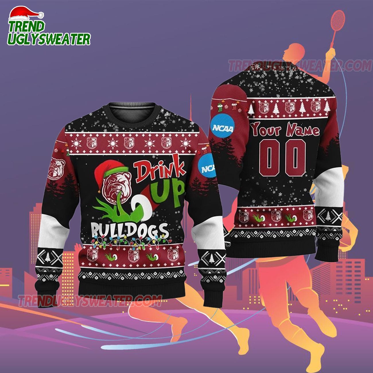Custom Name And Number Alabama A&M Bulldogs Grinch Drink Up Ugly Christmas Sweater Custom Name And Number Alabama A&M Bulldogs Grinch Drink Up Ugly Christmas Sweater