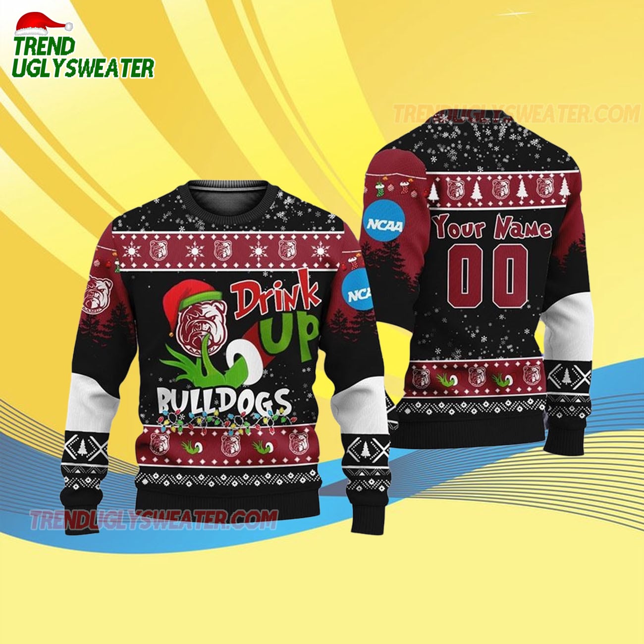 Custom Name And Number Alabama A&M Bulldogs Grinch Drink Up Ugly Christmas Sweater Custom Name And Number Alabama A&M Bulldogs Grinch Drink Up Ugly Christmas Sweater
