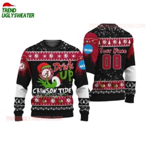 Custom Name And Number Alabama Crimson Tide Grinch Drink Up Ugly Christmas Sweater 1