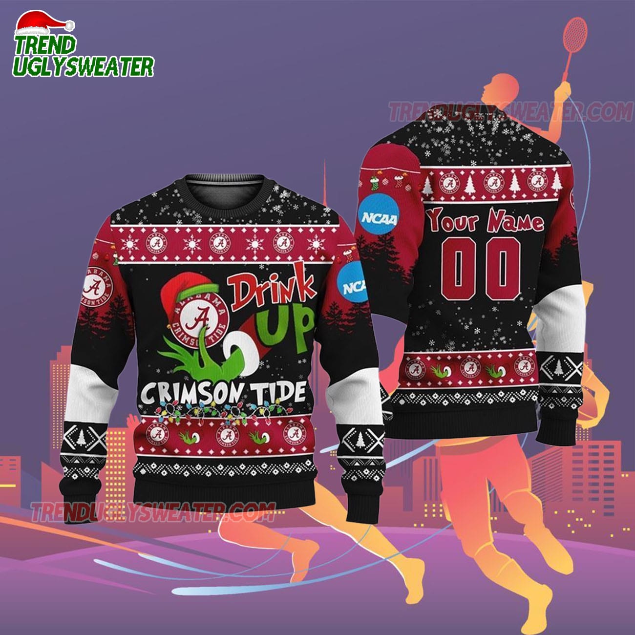 Custom Name And Number Alabama Crimson Tide Grinch Drink Up Ugly Christmas Sweater Custom Name And Number Alabama Crimson Tide Grinch Drink Up Ugly Christmas Sweater