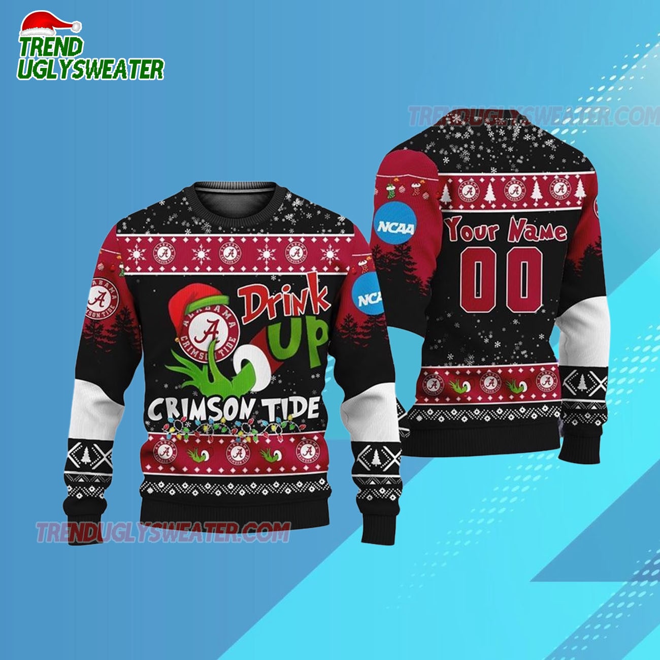 Custom Name And Number Alabama Crimson Tide Grinch Drink Up Ugly Christmas Sweater Custom Name And Number Alabama Crimson Tide Grinch Drink Up Ugly Christmas Sweater