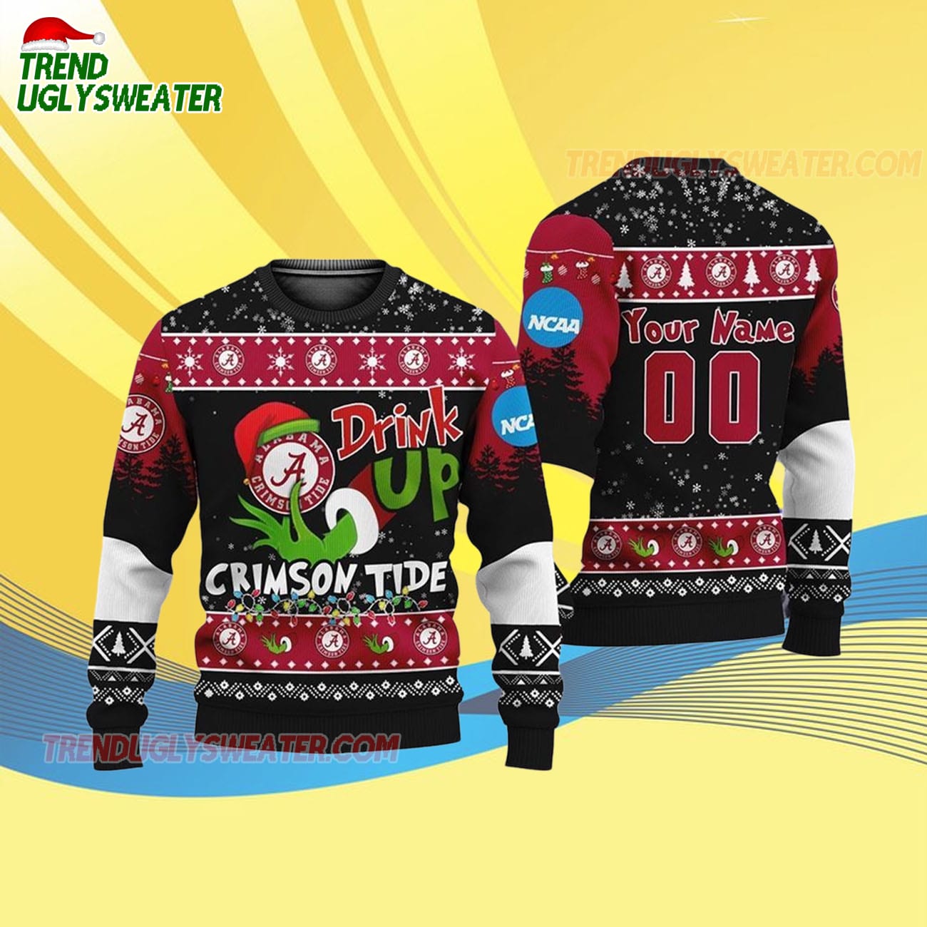 Custom Name And Number Alabama Crimson Tide Grinch Drink Up Ugly Christmas Sweater Custom Name And Number Alabama Crimson Tide Grinch Drink Up Ugly Christmas Sweater
